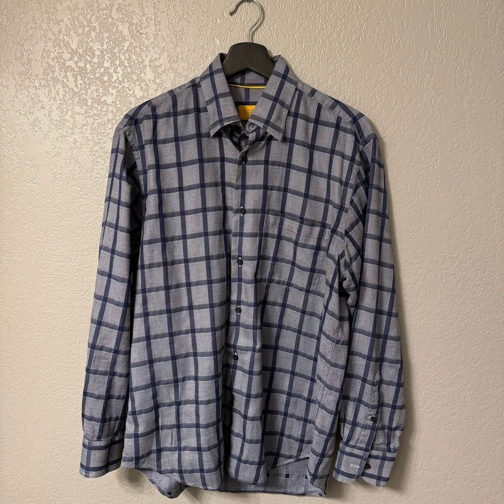 Robert Talbott Mens Shirt M Blue Chevron Check Windowpane Plaid